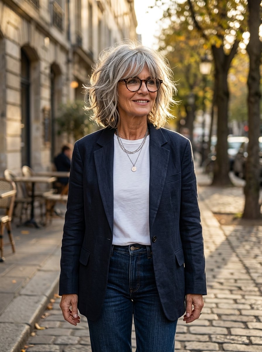 A smiling woman with textured grey hair wearing glasses, a white tee, and a navy jacket on a cobblestone street.