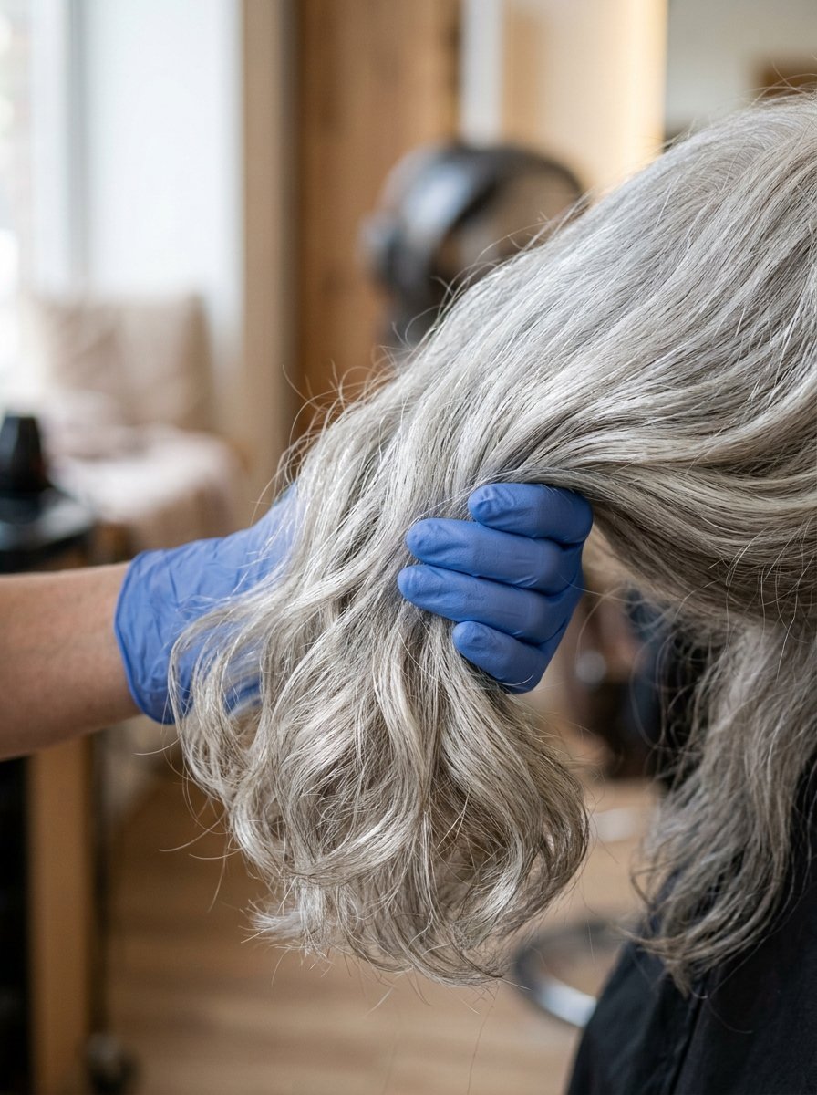A close-up shot of a stylist's gloved hand holding a section of long, textured grey hair in a salon setting.