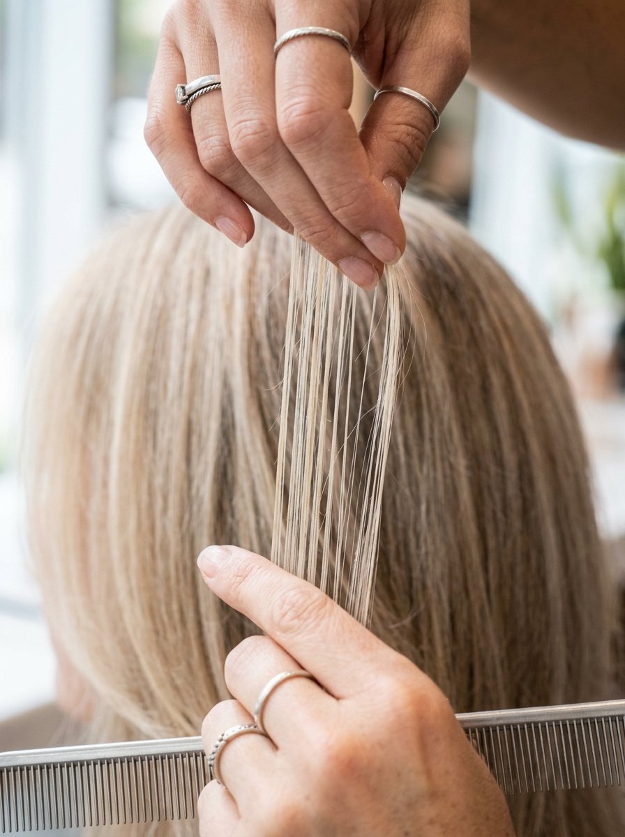 Close-up of hands with rings combing through a thin section of light blonde hair during a salon treatment.