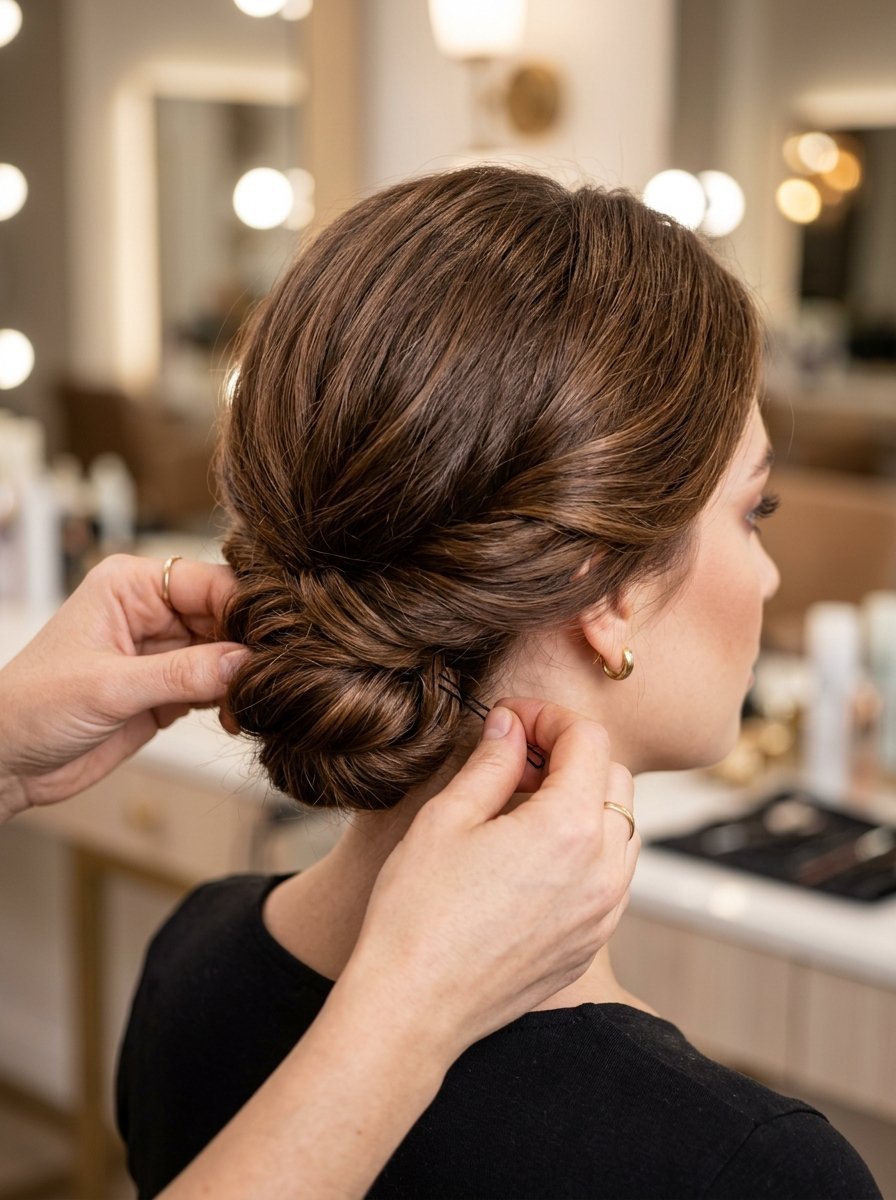 Close-up view of hands securing a brown hair updo with bobby pins in a salon setting.
