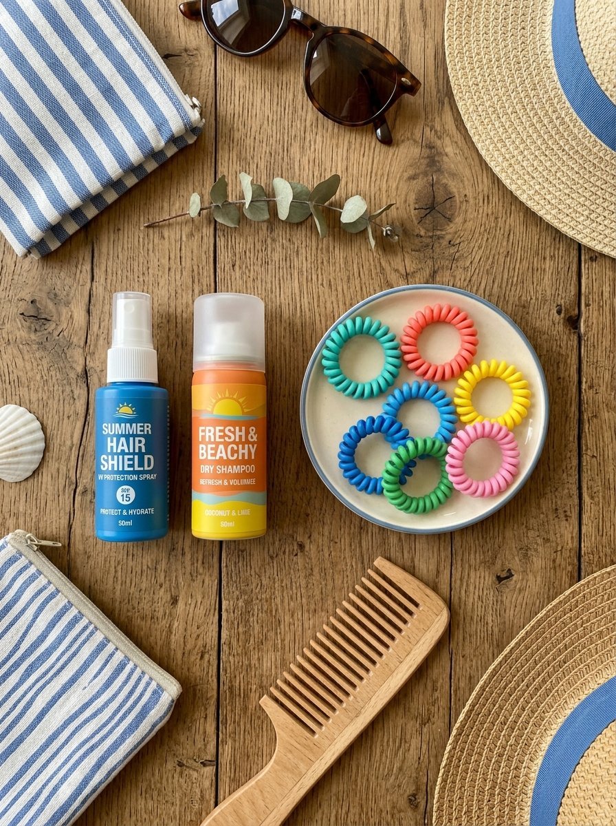 Two hair spray bottles, colorful hair coils, a comb, straw hats, and sunglasses on a wooden surface.