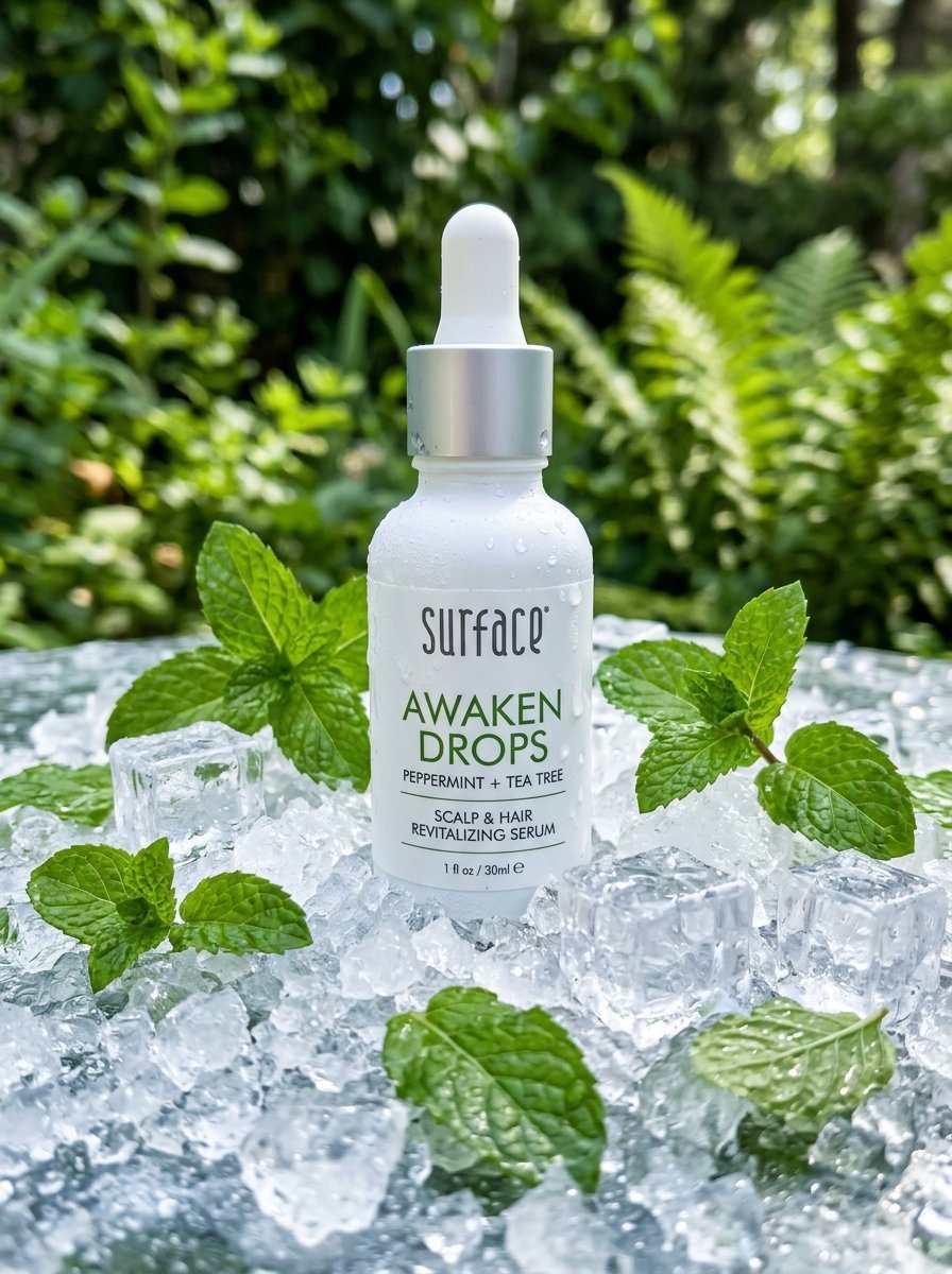 A white bottle of Surface Awaken Drops hair serum surrounded by fresh mint leaves and ice cubes outdoors.