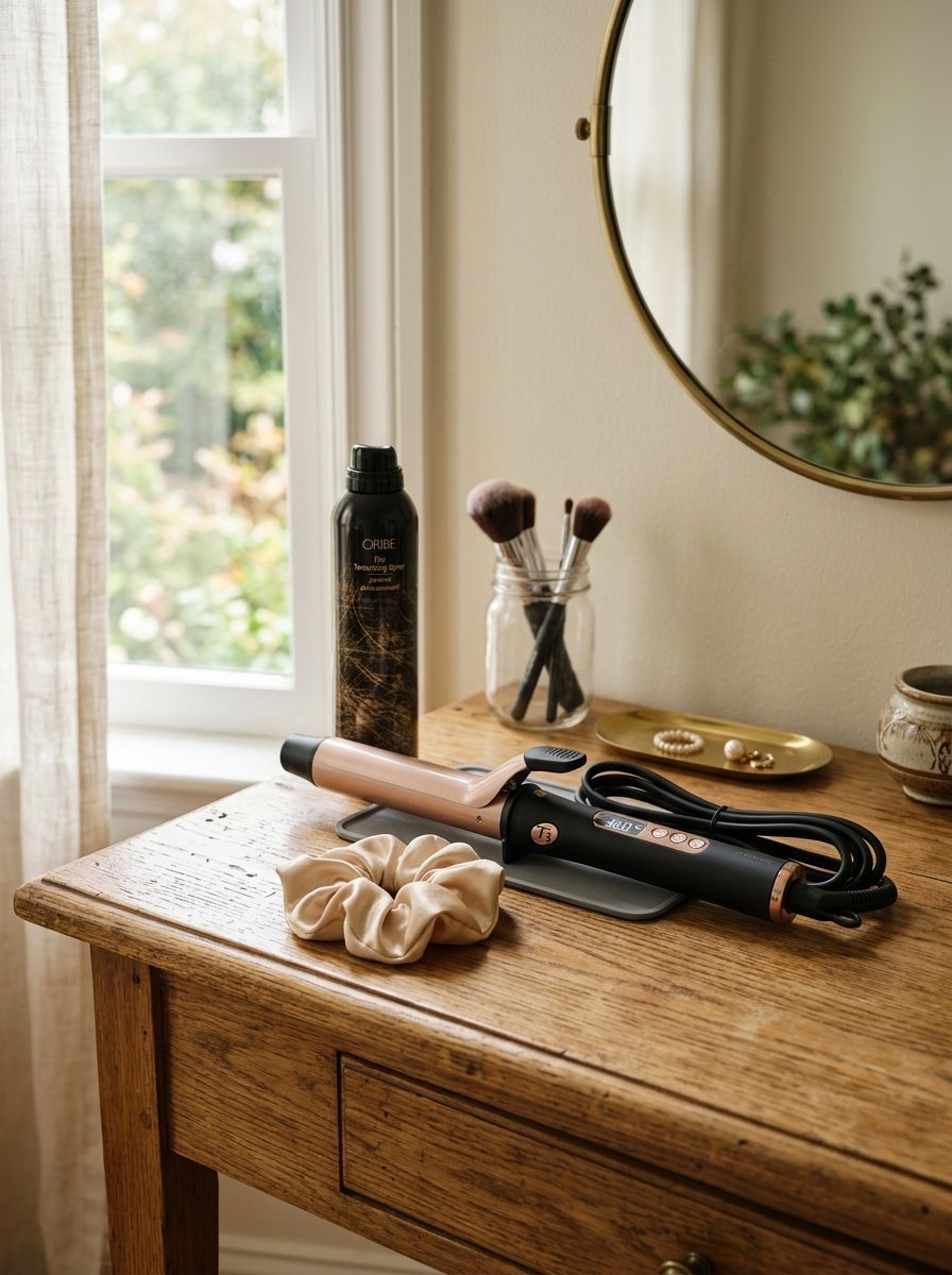 T3 curling iron, Oribe hair spray, and a silk scrunchie on a wooden table near a window.