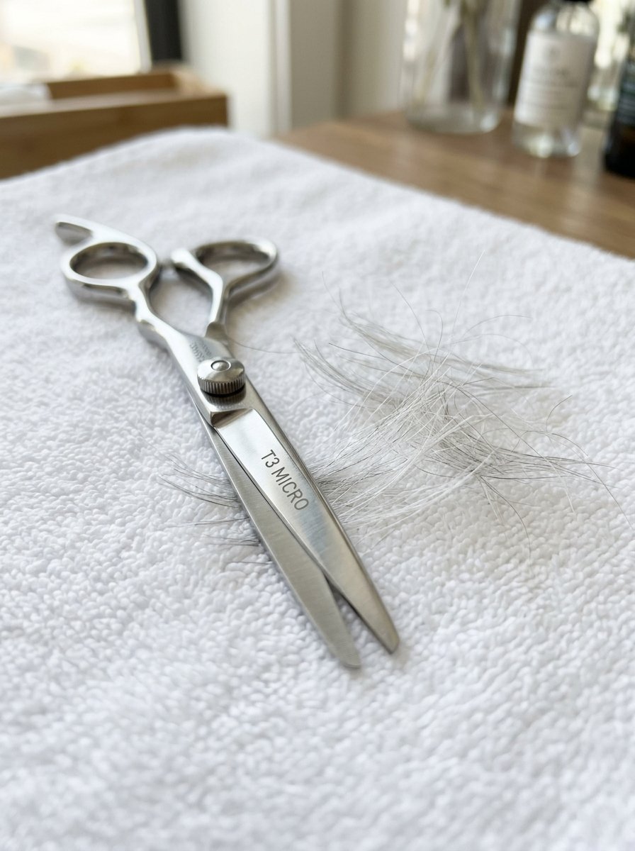 Professional metal hair shears with T3 Micro branding lying on top of clipped hair strands on a white towel.