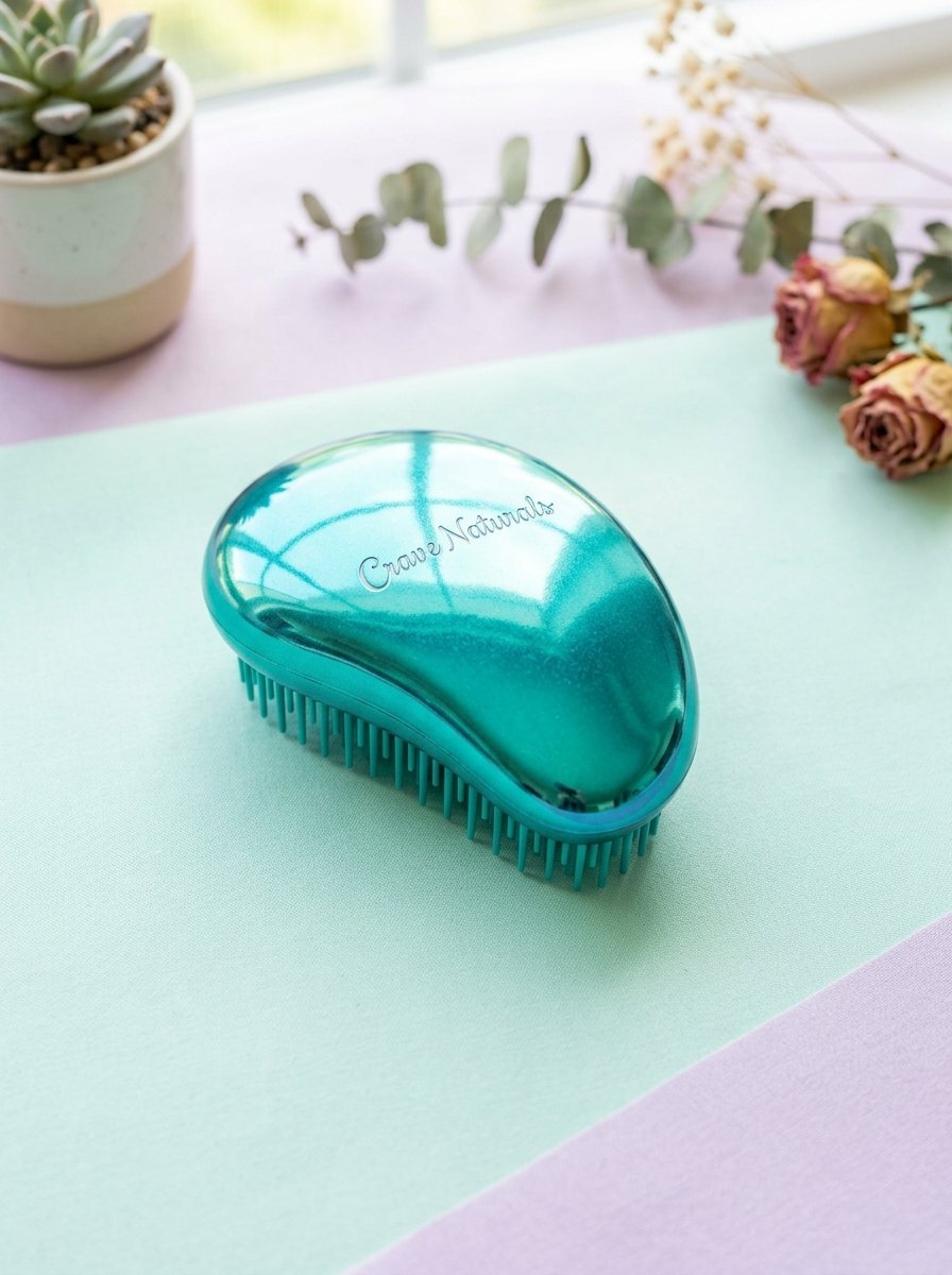 Crave Naturals hairbrush in metallic teal resting on a mint green mat with dried roses and a small succulent.