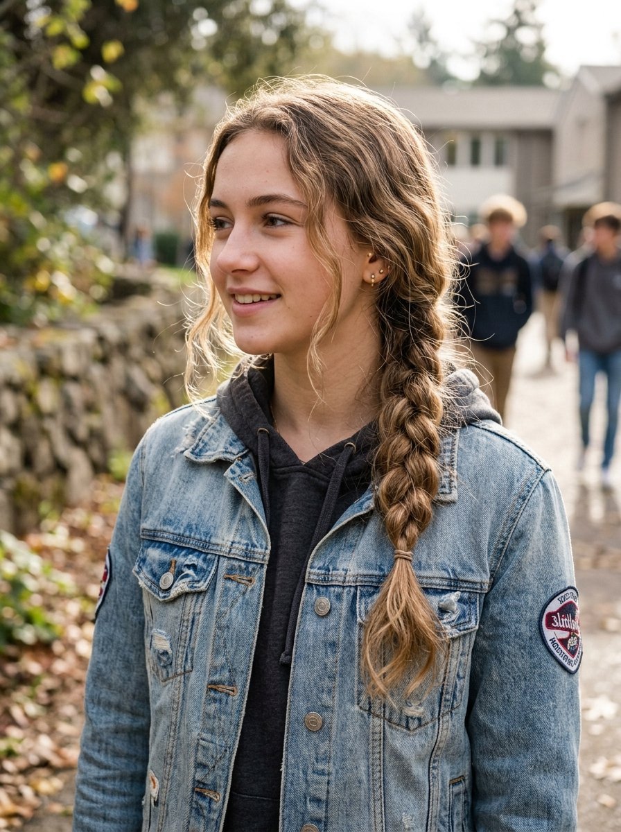 Smiling girl with a side braid and denim jacket walking on a campus path