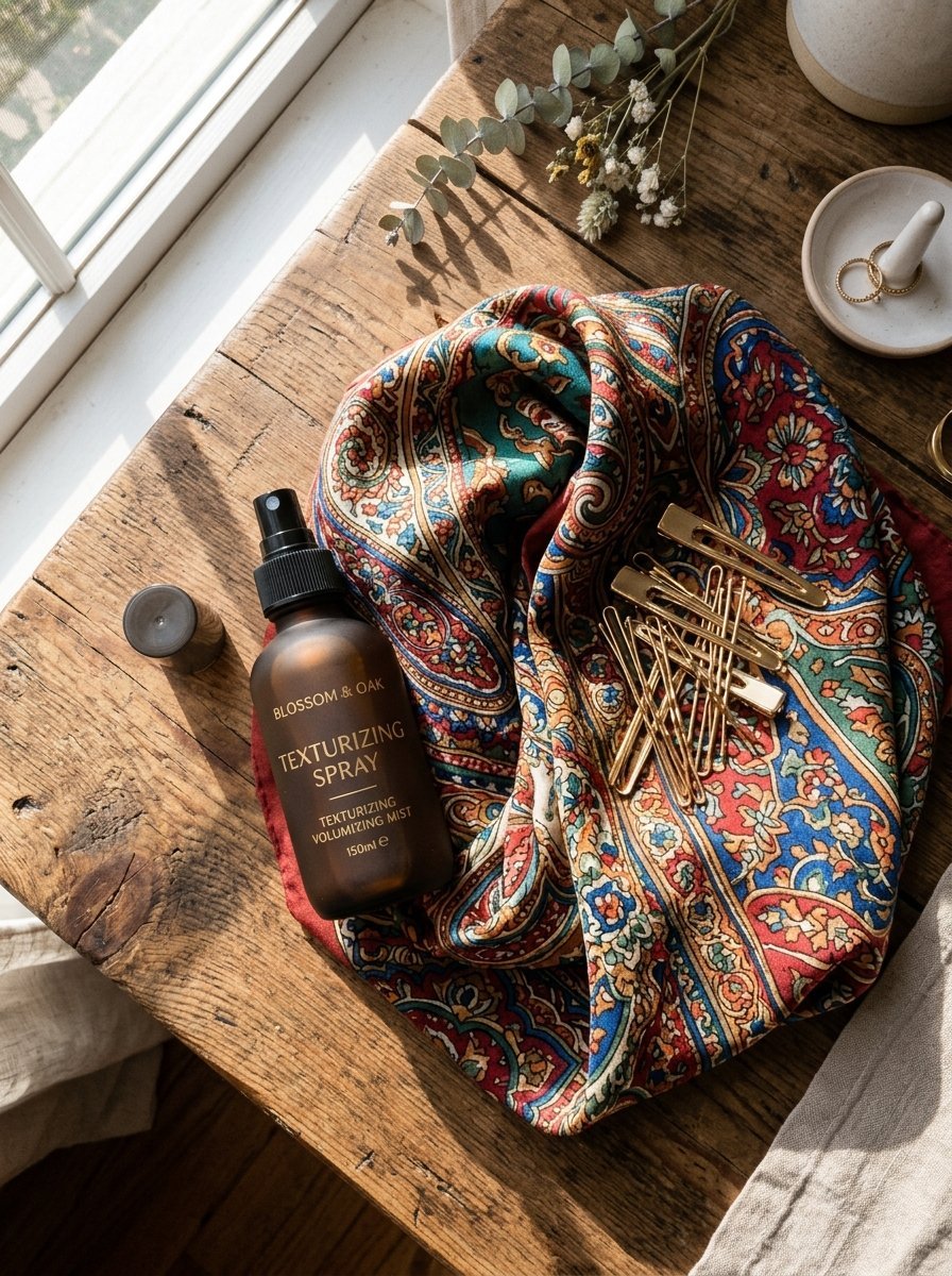 Brown bottle of texturizing spray placed next to a patterned silk scarf and gold hair pins on a rustic wooden table.