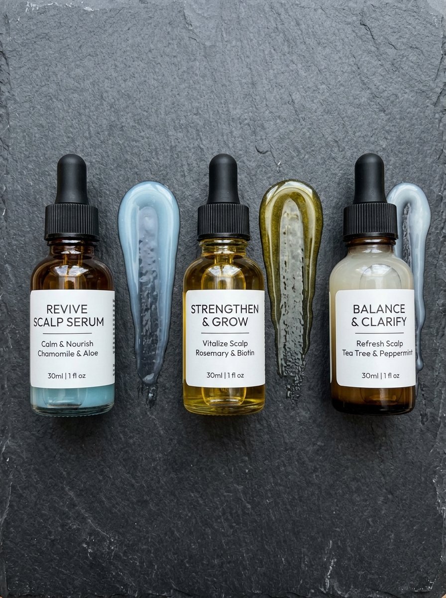 Three glass dropper bottles of hair serum labeled Revive, Strengthen, and Balance on a black slate background.
