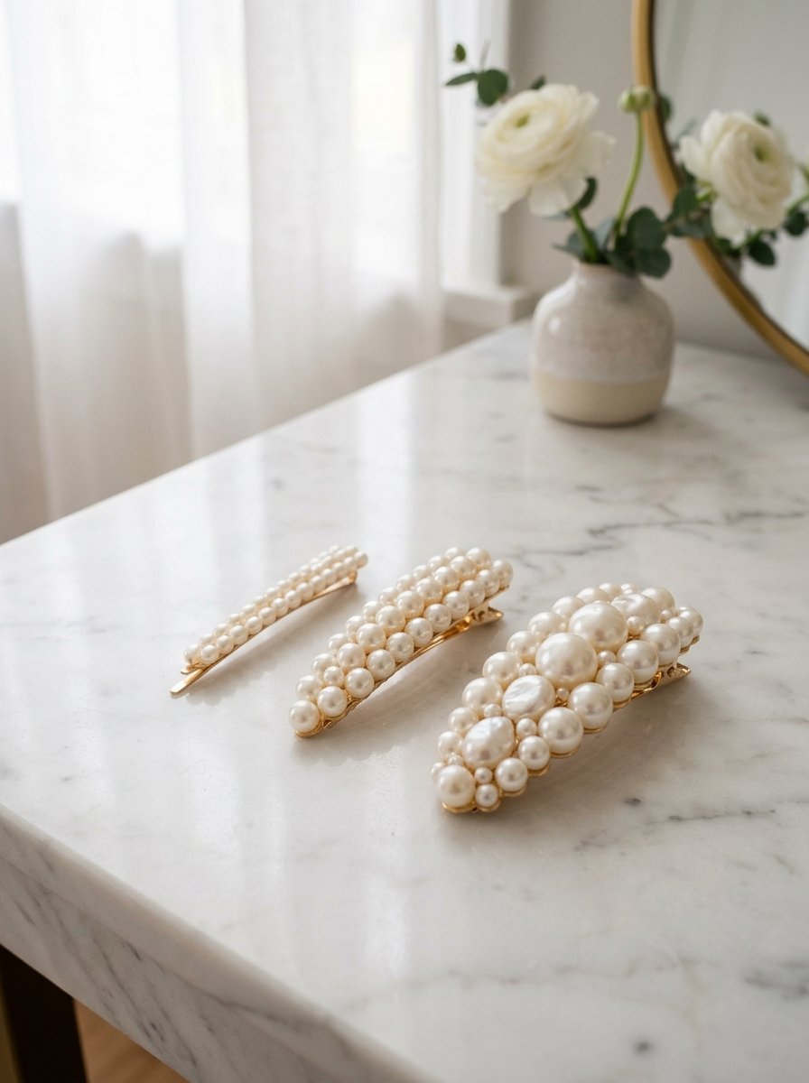 Close-up of three gold-toned hair clips decorated with white pearls sitting on a white marble vanity table.
