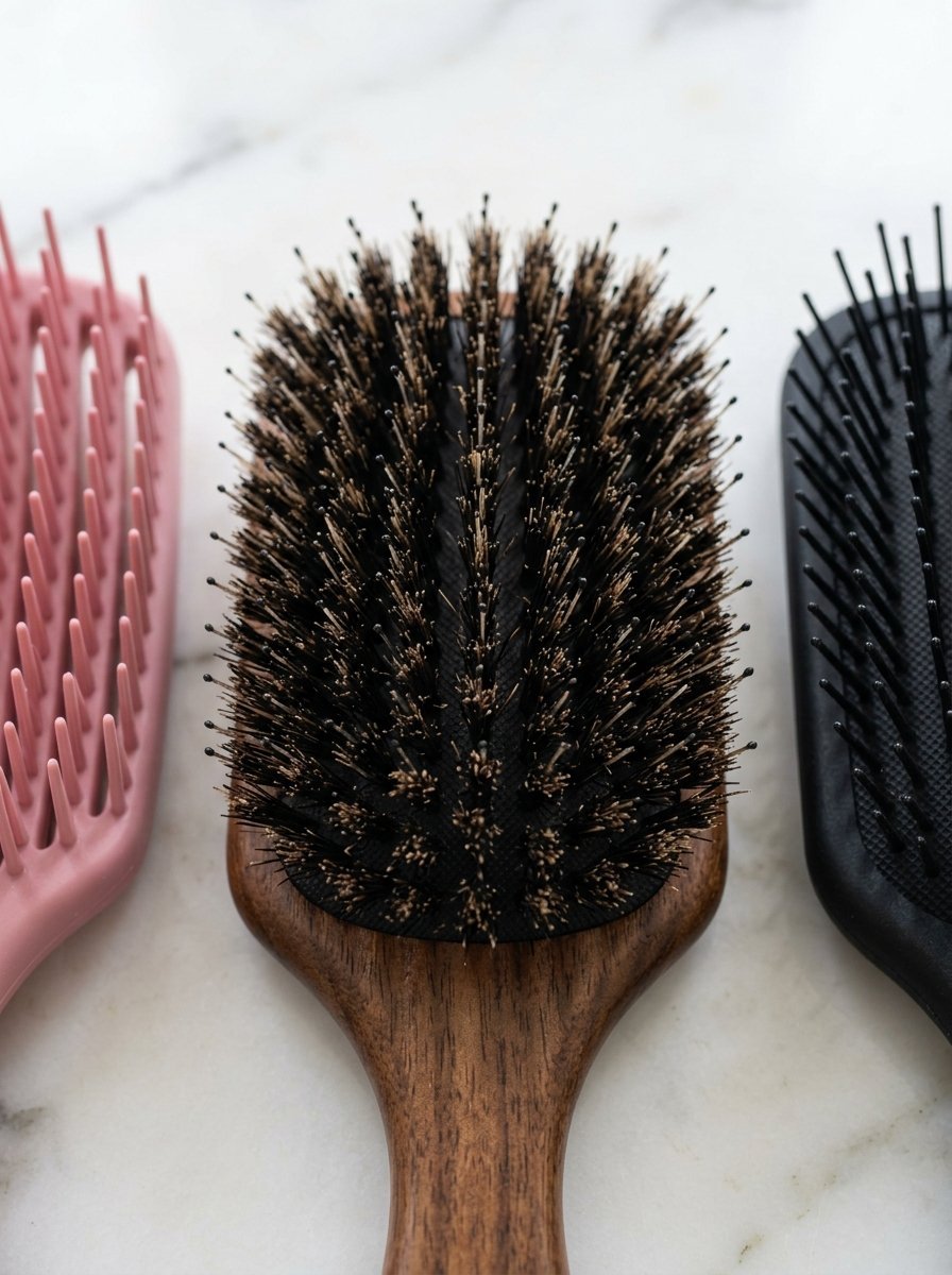 Close-up of three professional hairbrushes featuring wooden, black, and pink handle designs.