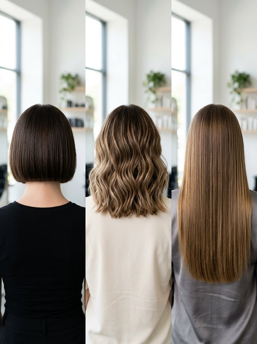 Three women seen from behind in a salon, featuring a sleek bob, wavy lob, and long straight hair.