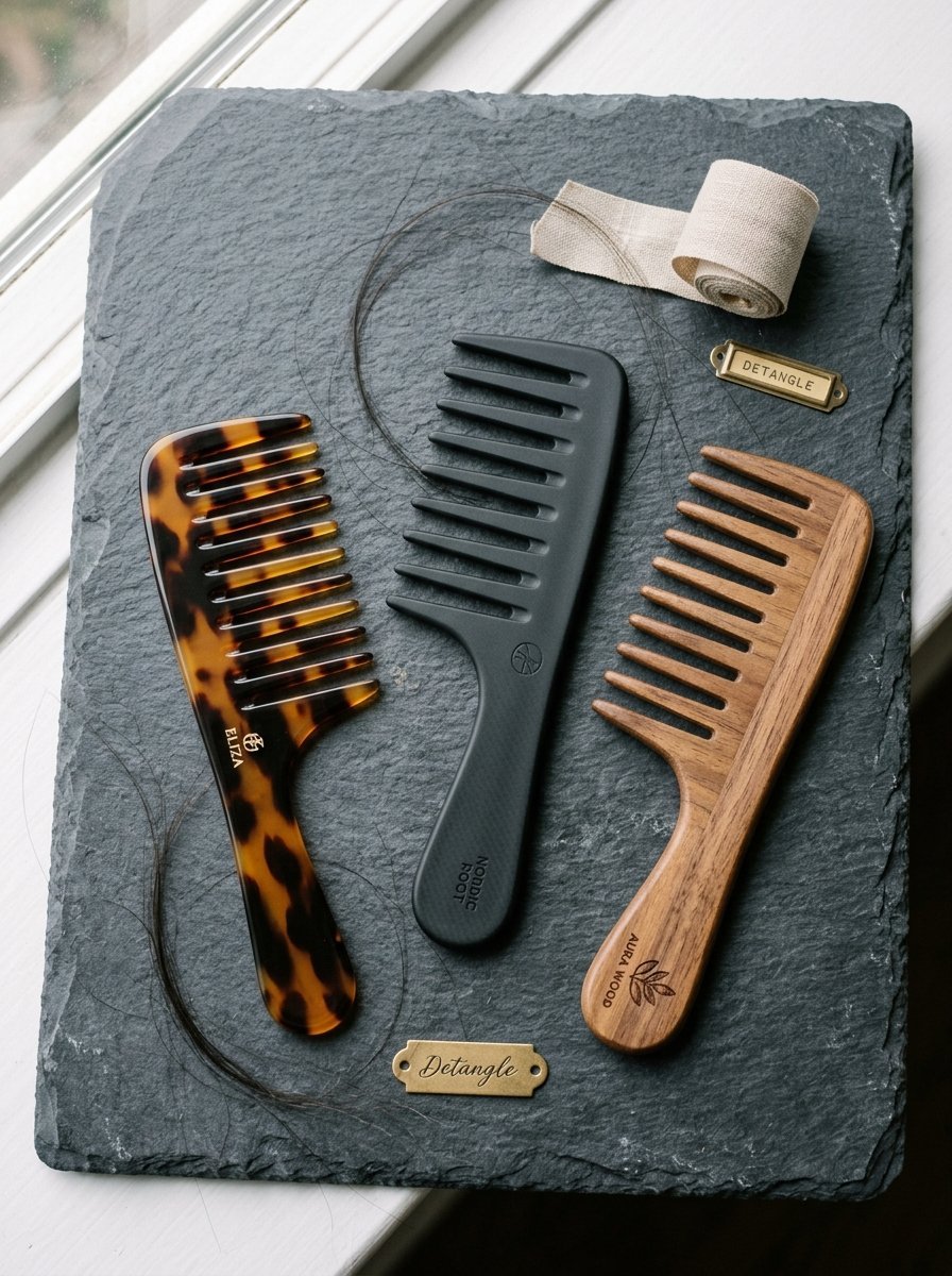 A set of three styling combs made of wood, black plastic, and tortoiseshell arranged on a dark slate tray.