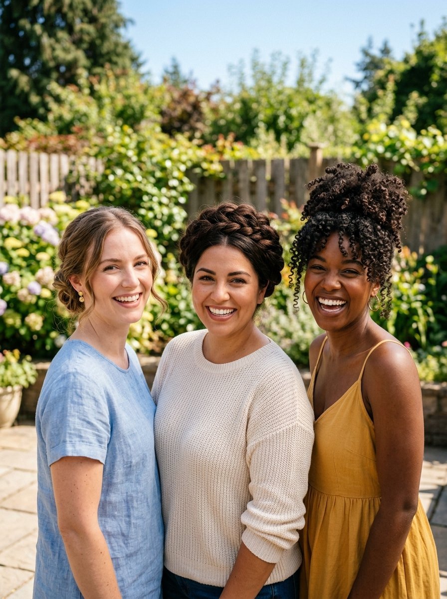 Three happy women with different hairstyles standing together outdoors in front of a green garden fence.