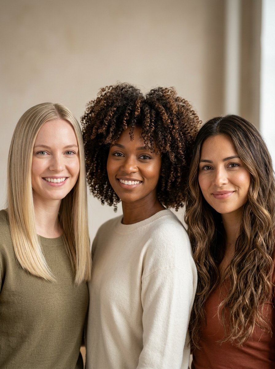 Portrait of a blonde woman, a woman with dark curly hair, and a brunette standing together smiling.