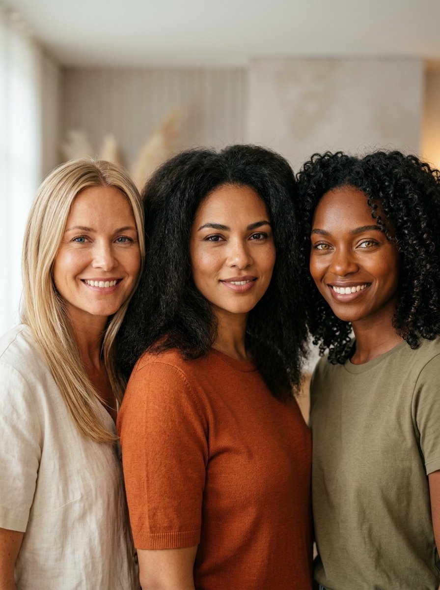 Portrait of a blonde woman, a woman with wavy black hair, and a woman with curly hair smiling.