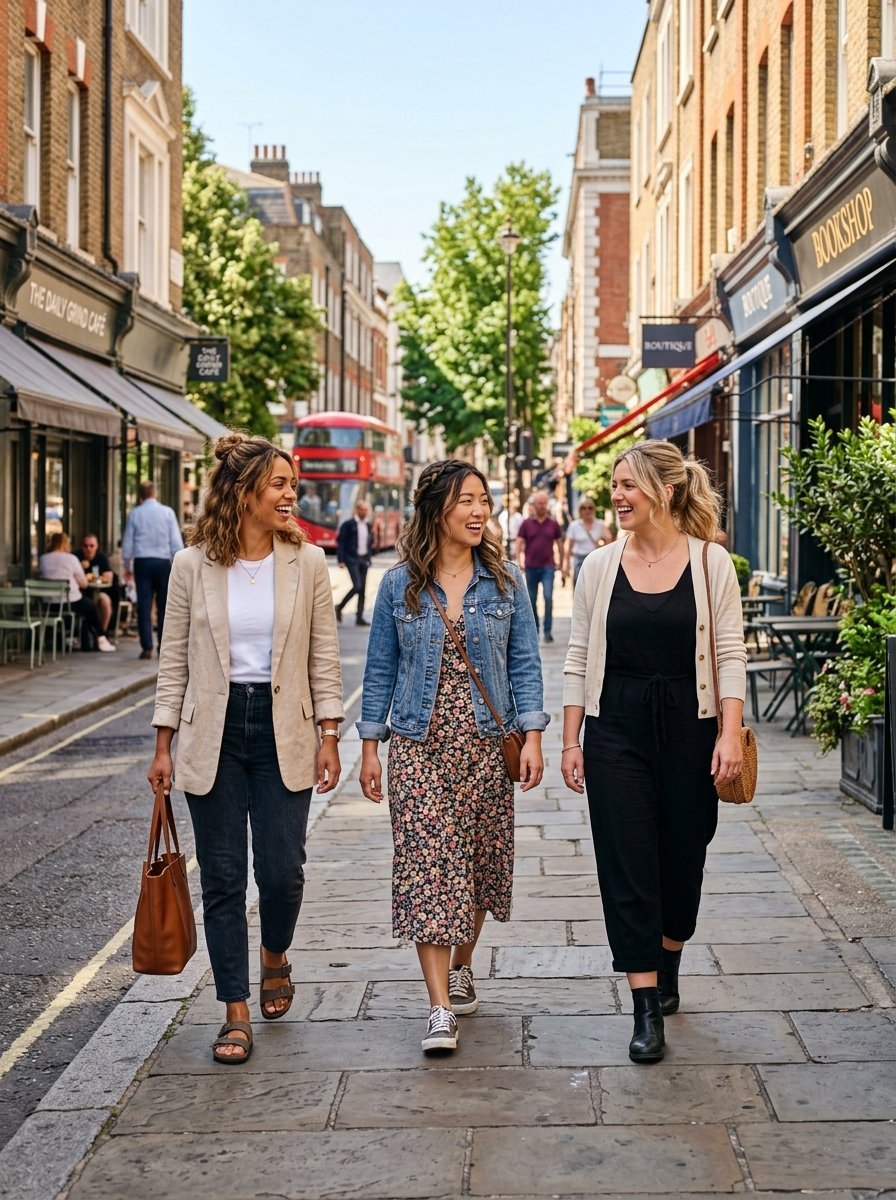 Three young women laughing as they walk down a narrow sidewalk past storefronts and a red double-decker bus.