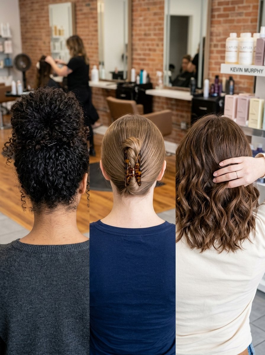 Back view of three women showing curly bun, claw clip updo, and wavy brown hair in a salon.