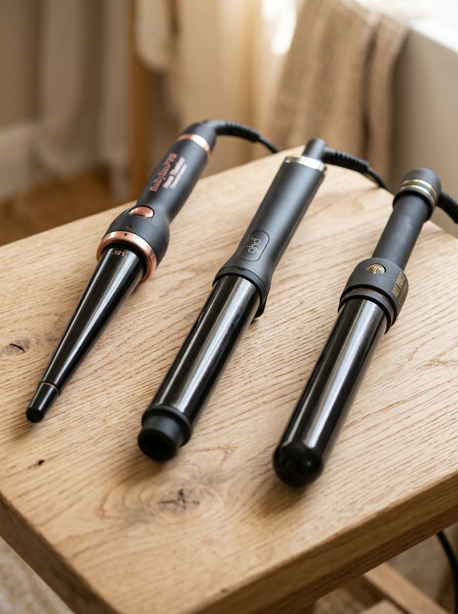 Three black hair curling wands with different barrel shapes placed on a wooden table.