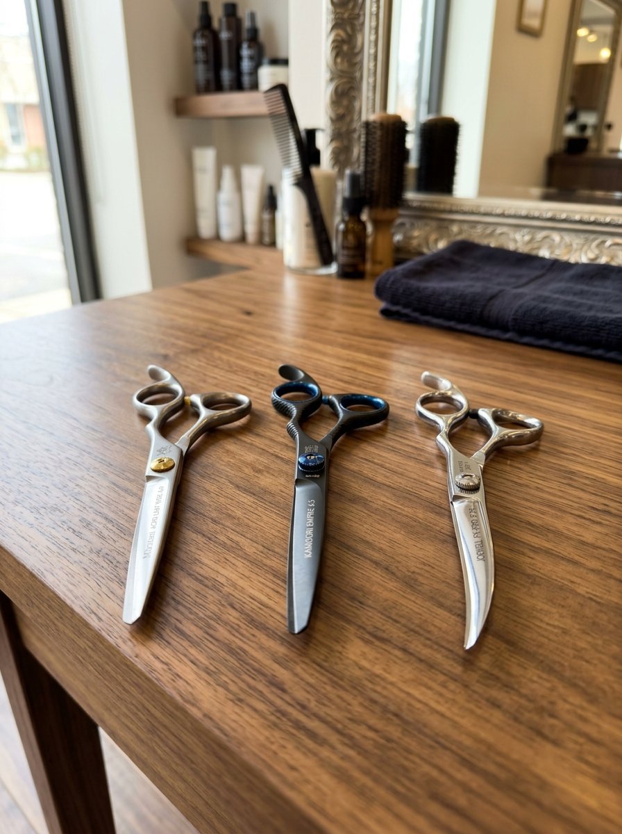 A lineup of silver and matte black hair styling scissors displayed on a polished brown wood workstation.