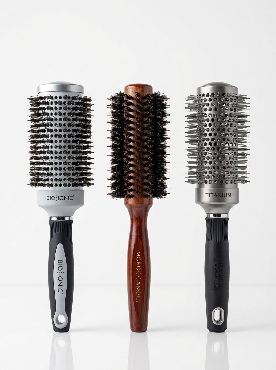 Three vertical hair styling brushes including Bio Ionic, Moroccanoil, and Olivia Garden brands isolated against white.
