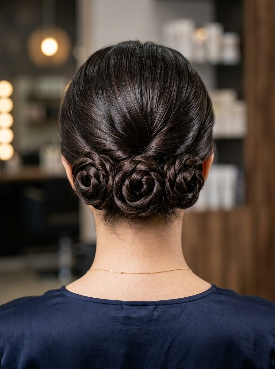 Back view of a woman with dark hair styled into three circular braided flower buns at the nape of the neck.