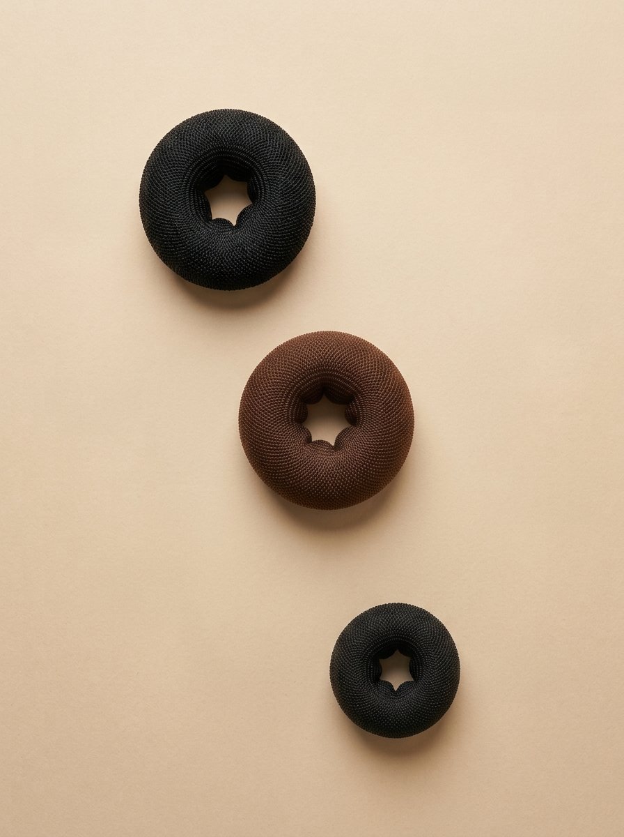 Black and brown circular mesh foam accessories arranged on a light tan background.