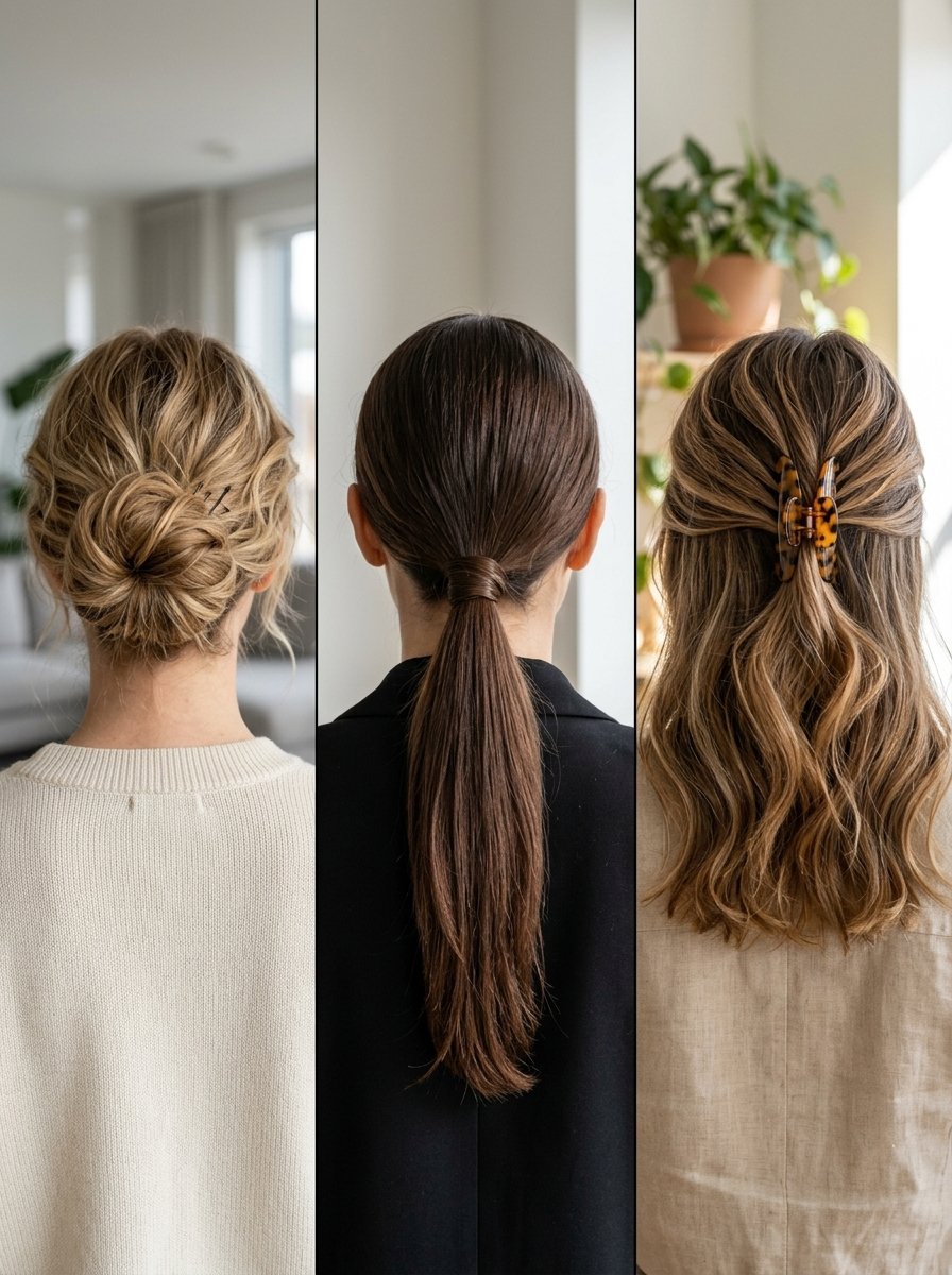 Back view of three women displaying a messy bun, a sleek low ponytail, and a half-up style with a claw clip.