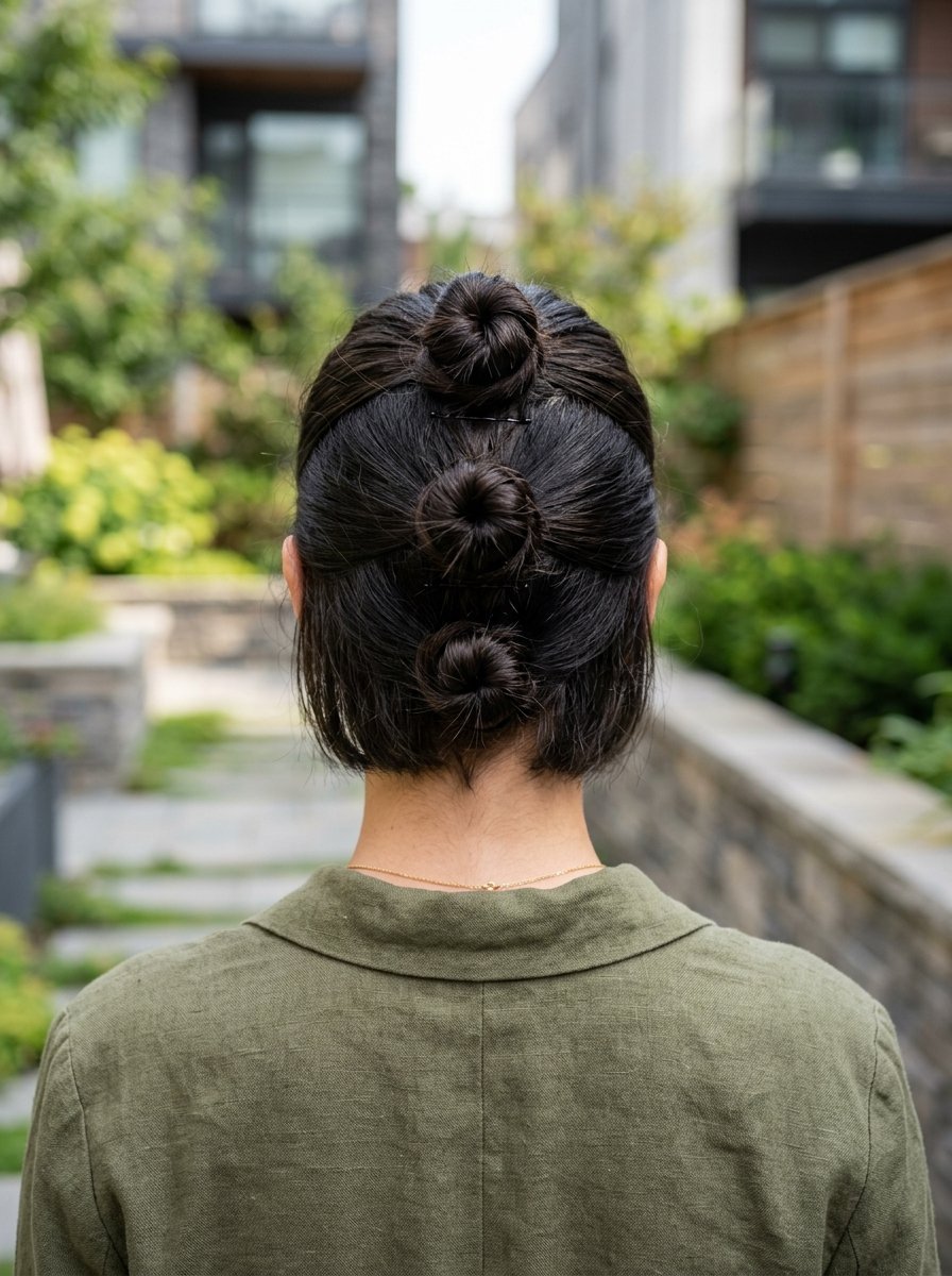 Back view of a person with dark hair styled into three small, vertically aligned buns down the center of the head.