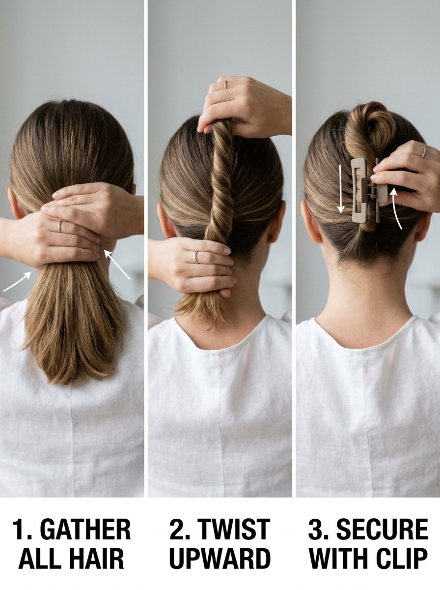 A woman demonstrates gathering, twisting, and securing hair into an updo using a neutral-toned rectangular claw clip.