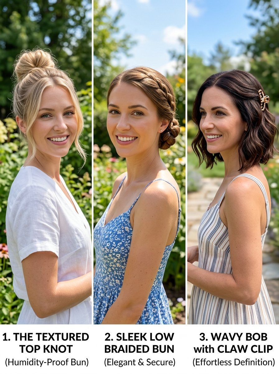Collage of three women demonstrating summer hair styles: a high bun, a braided low bun, and a wavy bob with a claw clip.