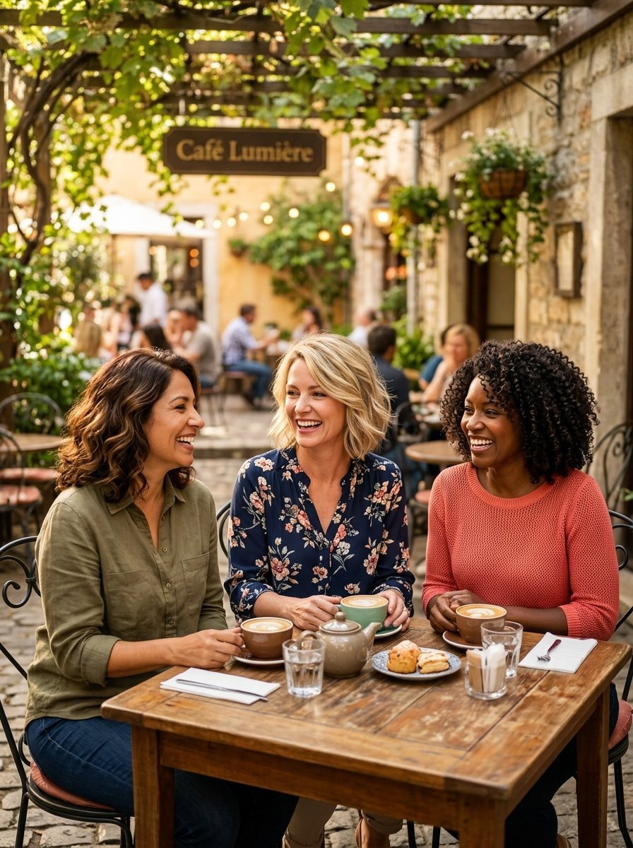 Three smiling diverse women sitting at an outdoor wooden table with lattes and pastries in a Mediterranean cafe.