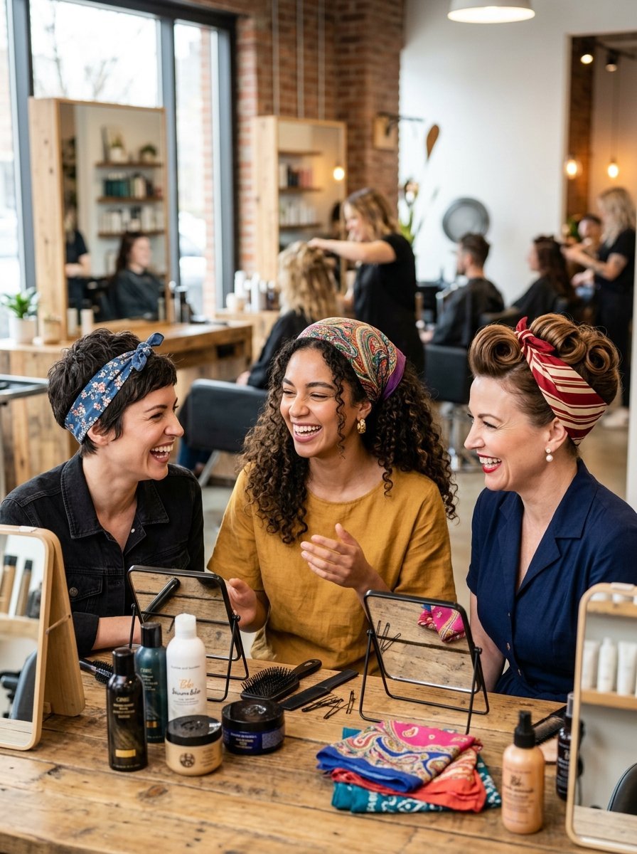 Three women with headbands laughing together at a wooden vanity in a busy beauty salon.