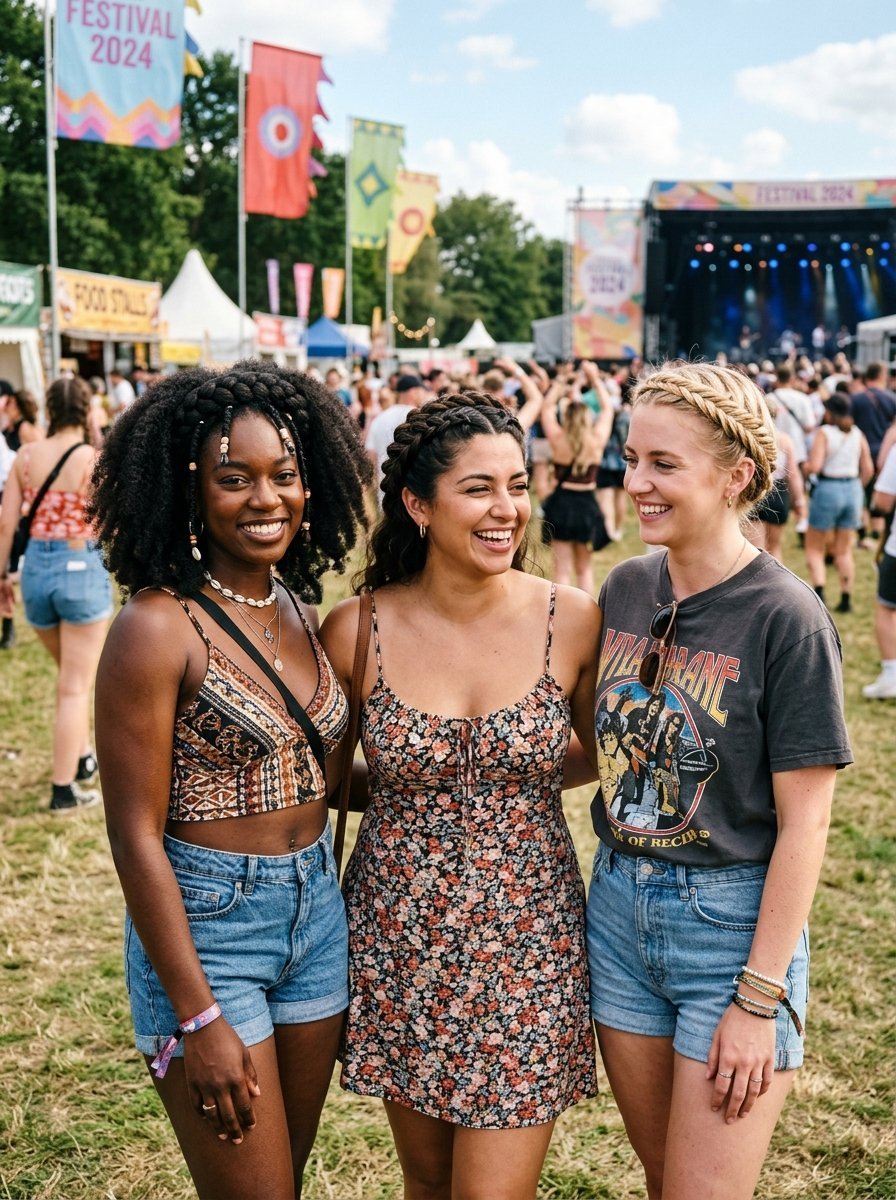 Three young women with braided hairstyles pose and smile happily at a sunny outdoor music event with stage banners.