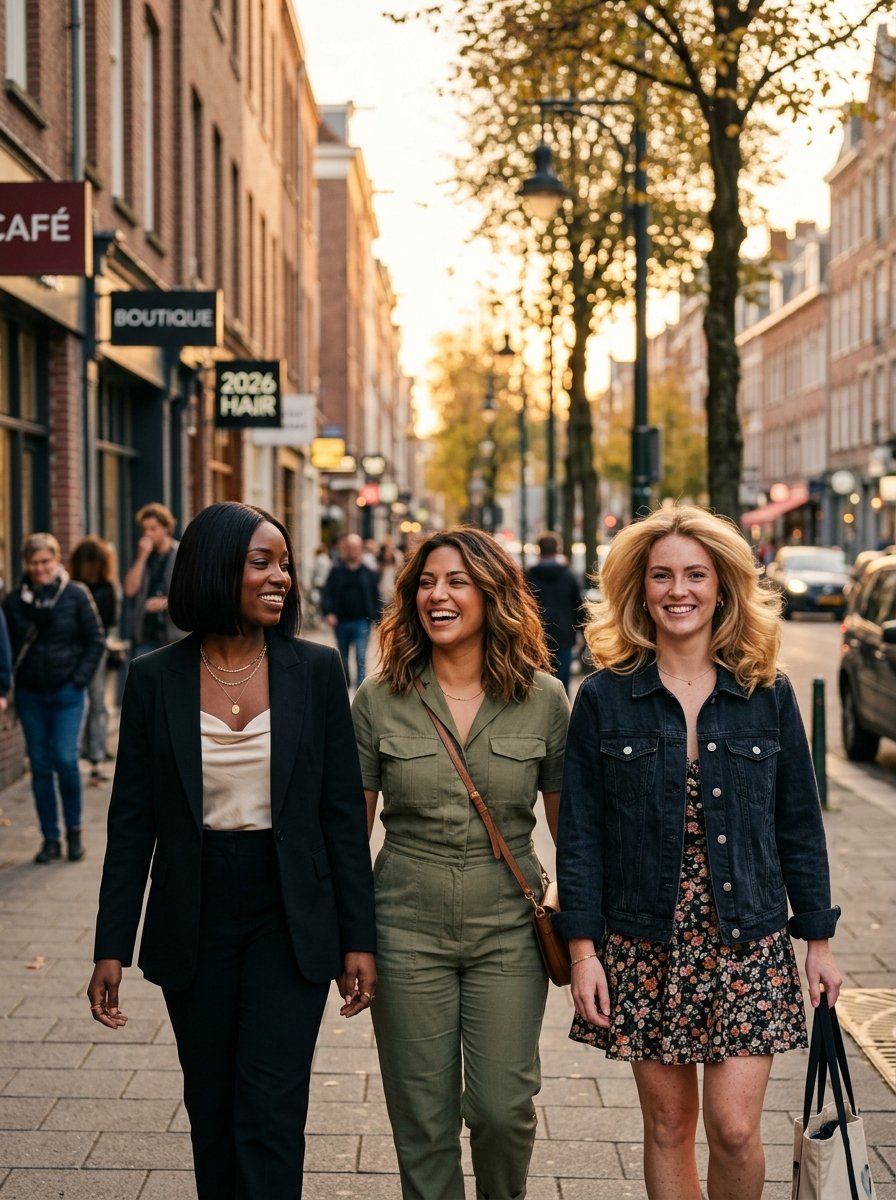 Three smiling women walk together down a brick street lined with European boutique shops and cafes at sunset.