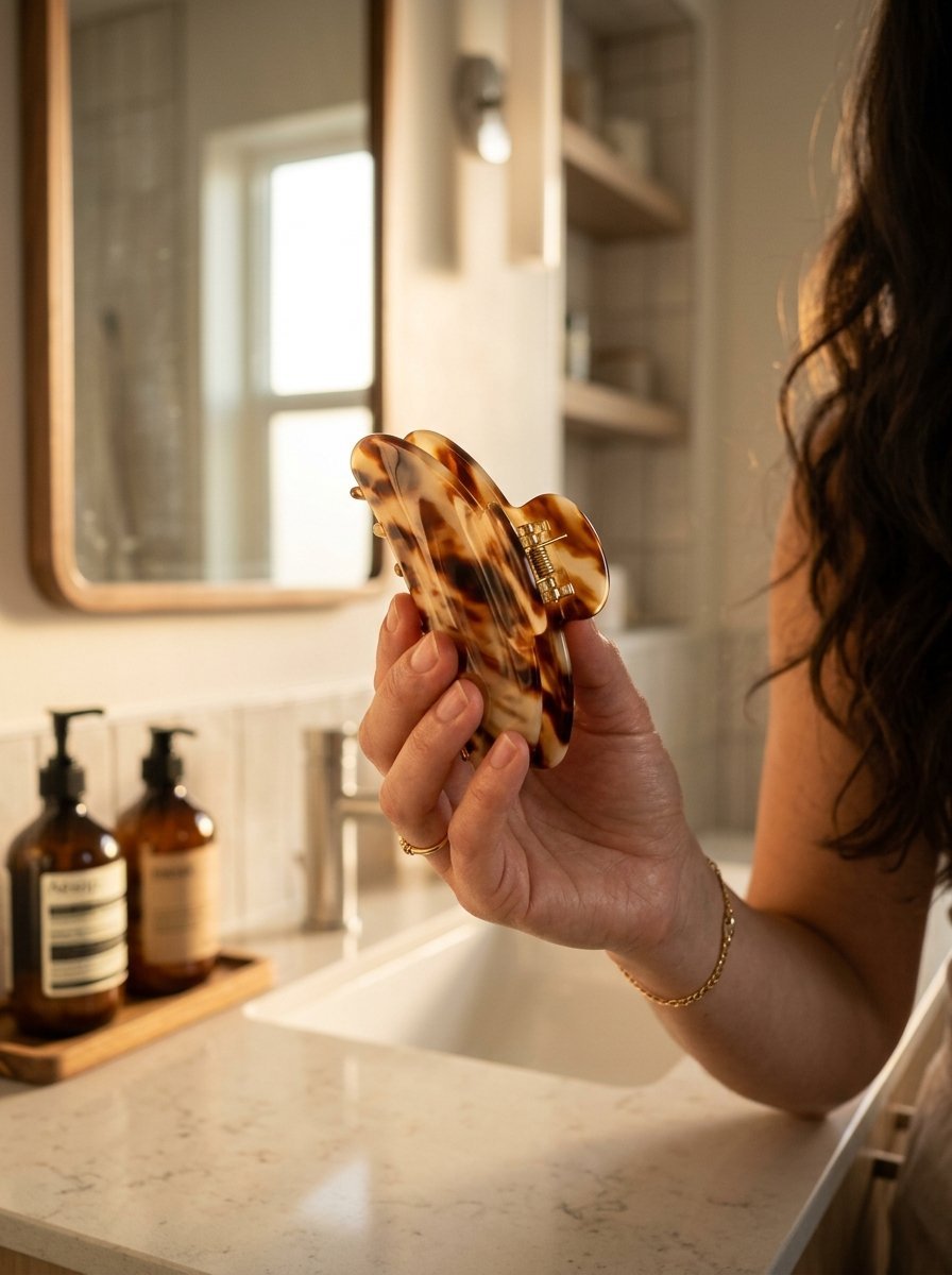 Close-up of a person's hand holding a brown and cream patterned hair claw clip by a bathroom vanity.