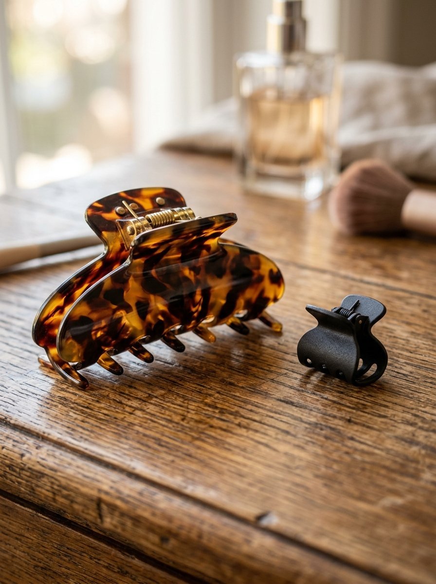 Close-up of a decorative patterned hair claw and a mini matte black clamp on a rustic wooden vanity table.