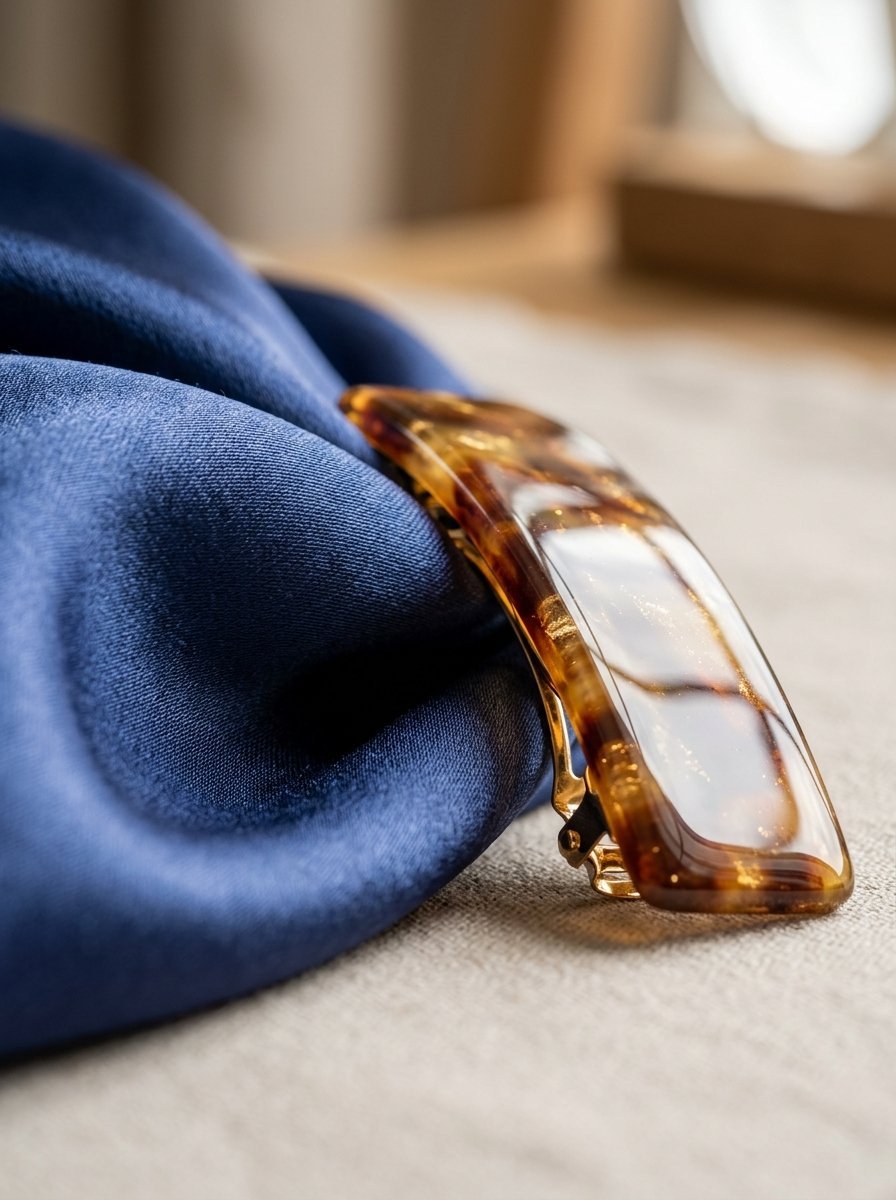 Close-up of a shiny brown tortoiseshell hair barrette placed atop a piece of smooth navy blue fabric.