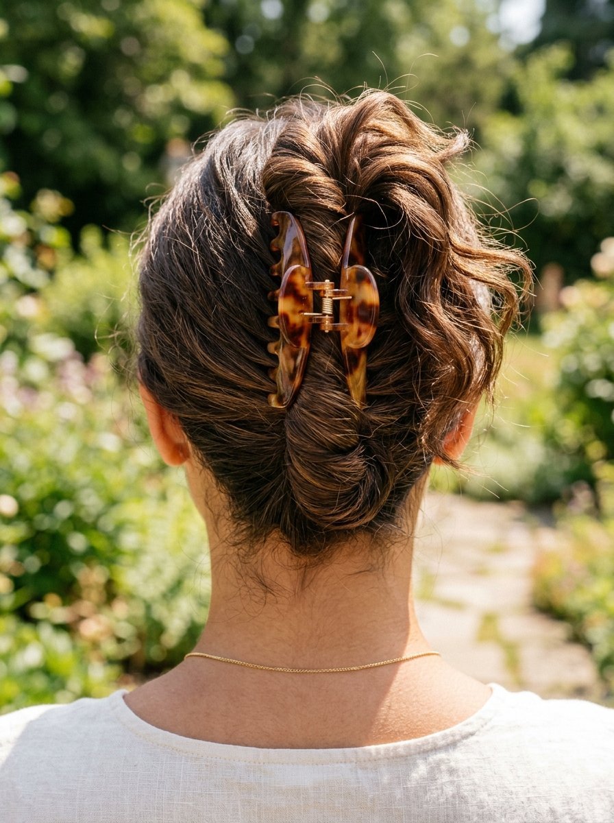 Back view of a person with brown hair pulled up by a brown tortoiseshell hair claw clip in a garden.