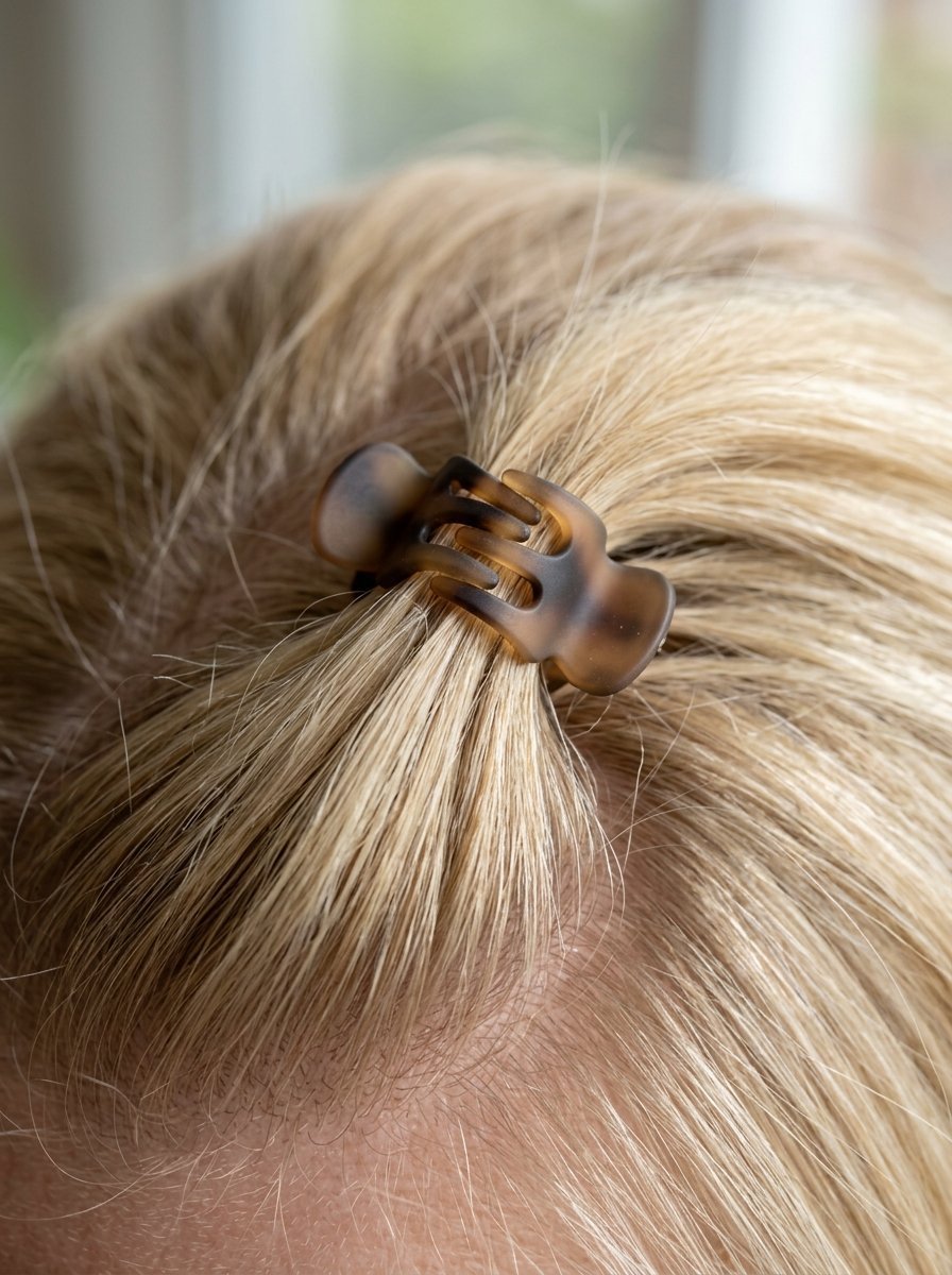 Close-up of a brown mottled plastic claw clip securing a section of blonde hair on the back of a head.