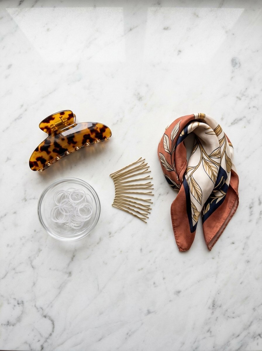 Tortoiseshell claw clip, bobby pins, clear elastics, and a patterned silk scarf on a white marble tabletop.
