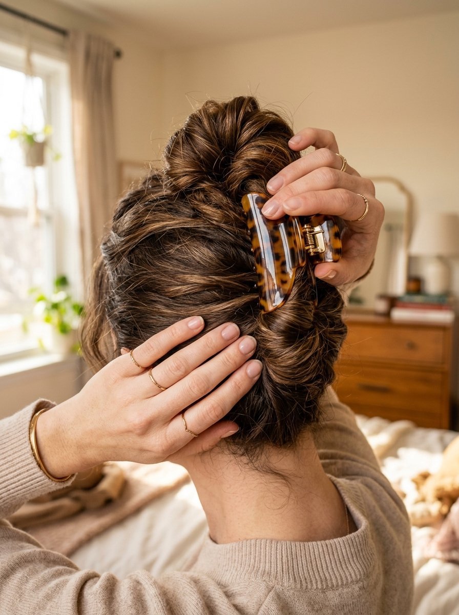 Close-up back view of a person securing brown hair in an updo using a tortoiseshell plastic hair claw.