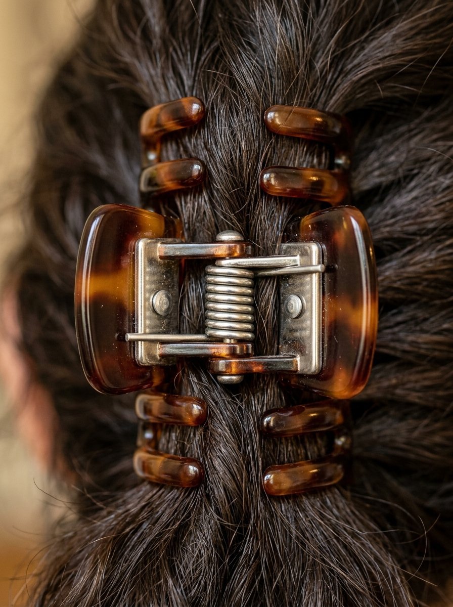 Close-up of a brown tortoiseshell plastic hair claw clip with a silver metal spring holding thick dark hair.