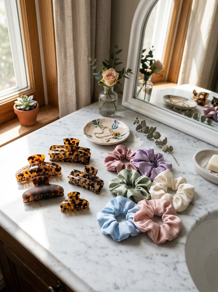 Assortment of leopard print hair claws and colorful silk scrunchies arranged on a white marble countertop.