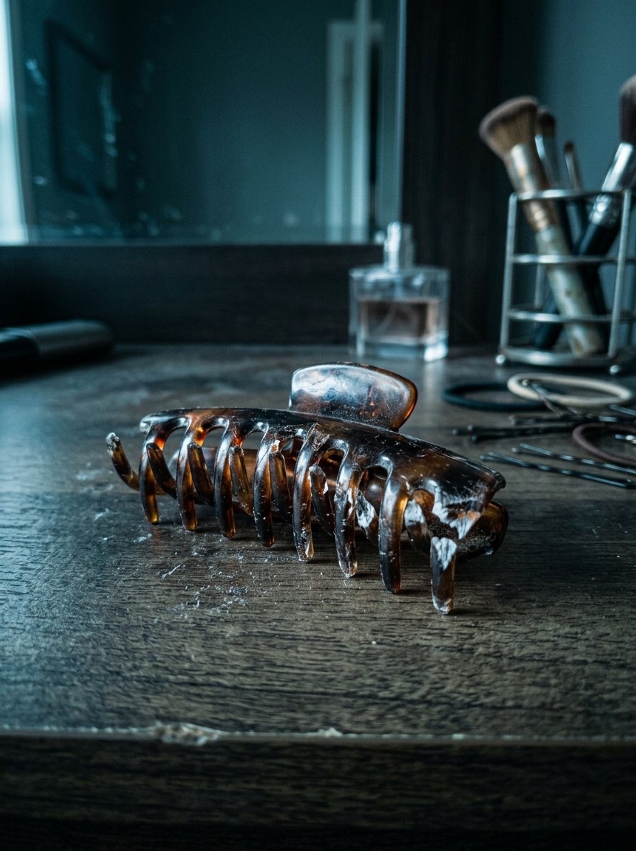 Close up of a dusty plastic hair clip on a dark wooden surface with makeup tools in the background.