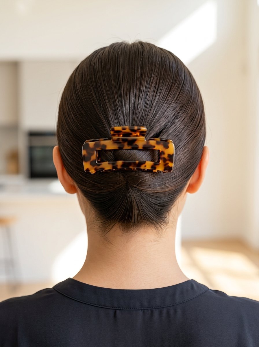 Rear view of sleek dark hair held in a bun with a trendy rectangular tortoiseshell clip.