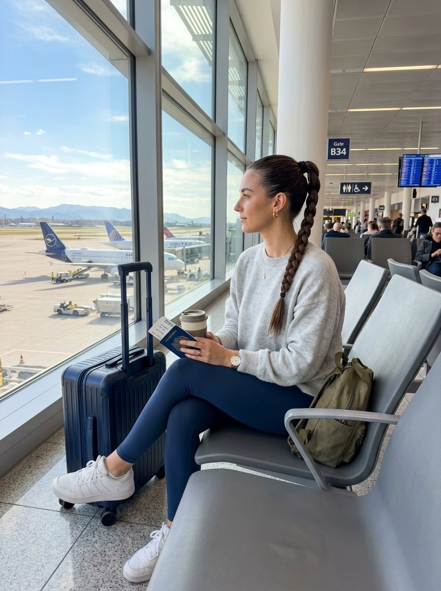 Woman in grey sweater sitting at airport gate holding a US passport and coffee cup with airplanes in the background.