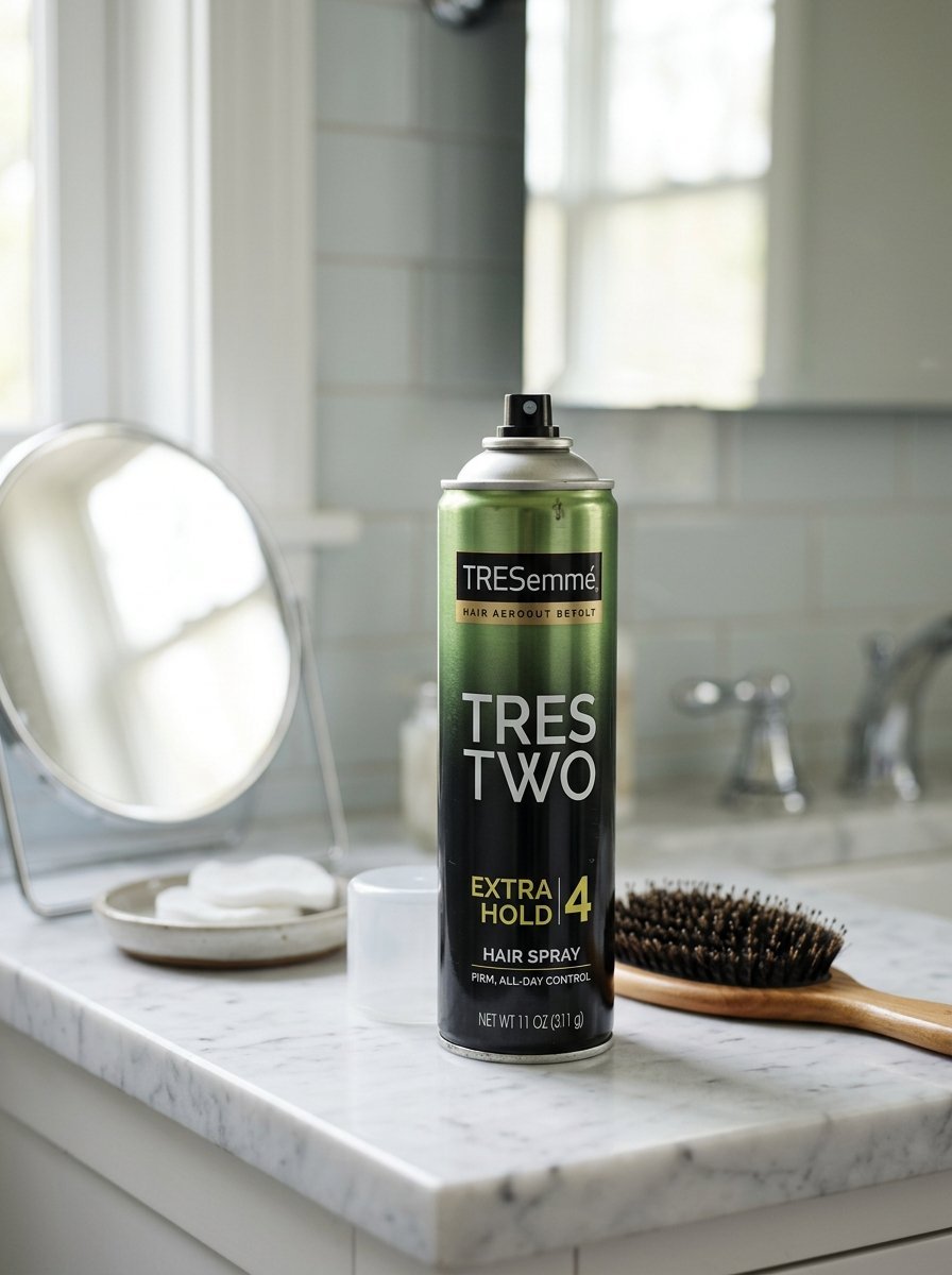 Tresemme Tres Two extra hold hairspray bottle next to a hairbrush and cotton rounds on a bathroom counter.