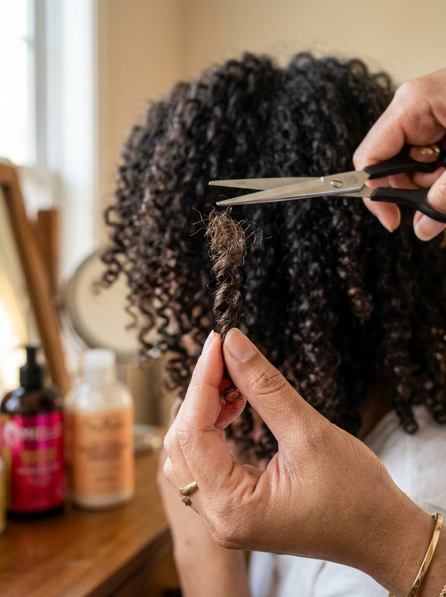 Close up of a hand holding a tight spiral curl while professional shears prepare to snip the end of the hair strand.