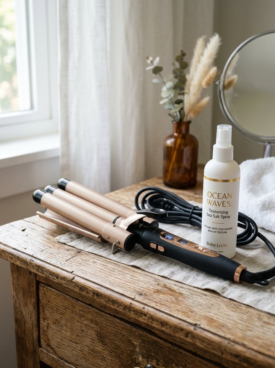 Rose gold triple barrel hair curler next to a bottle of Ocean Waves texturizing spray on a wooden table.
