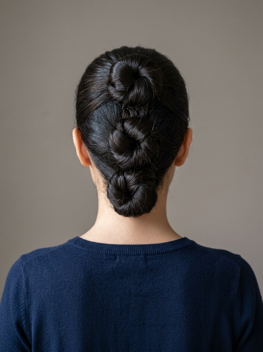 Close-up of a person with dark hair styled into three circular buns arranged vertically down the center.